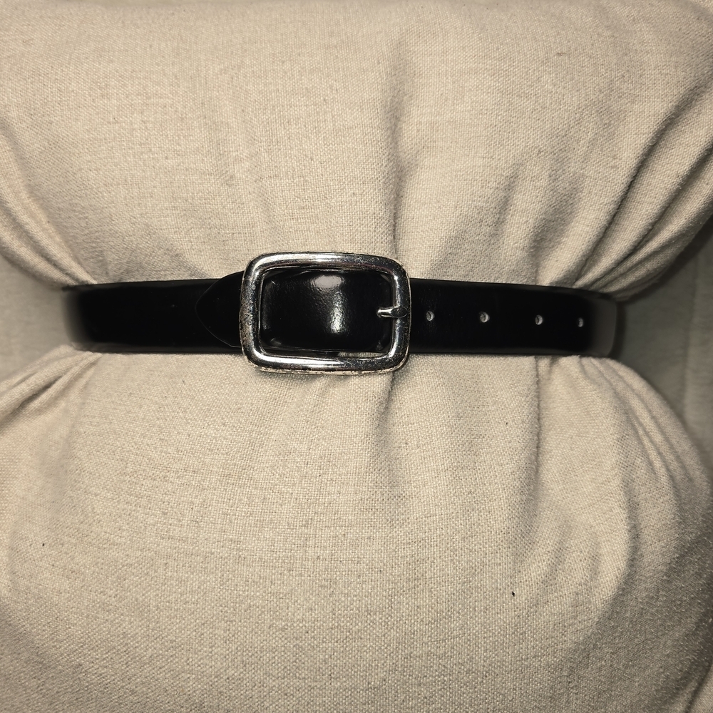 Slim Black Patent Belt with Silver Buckle